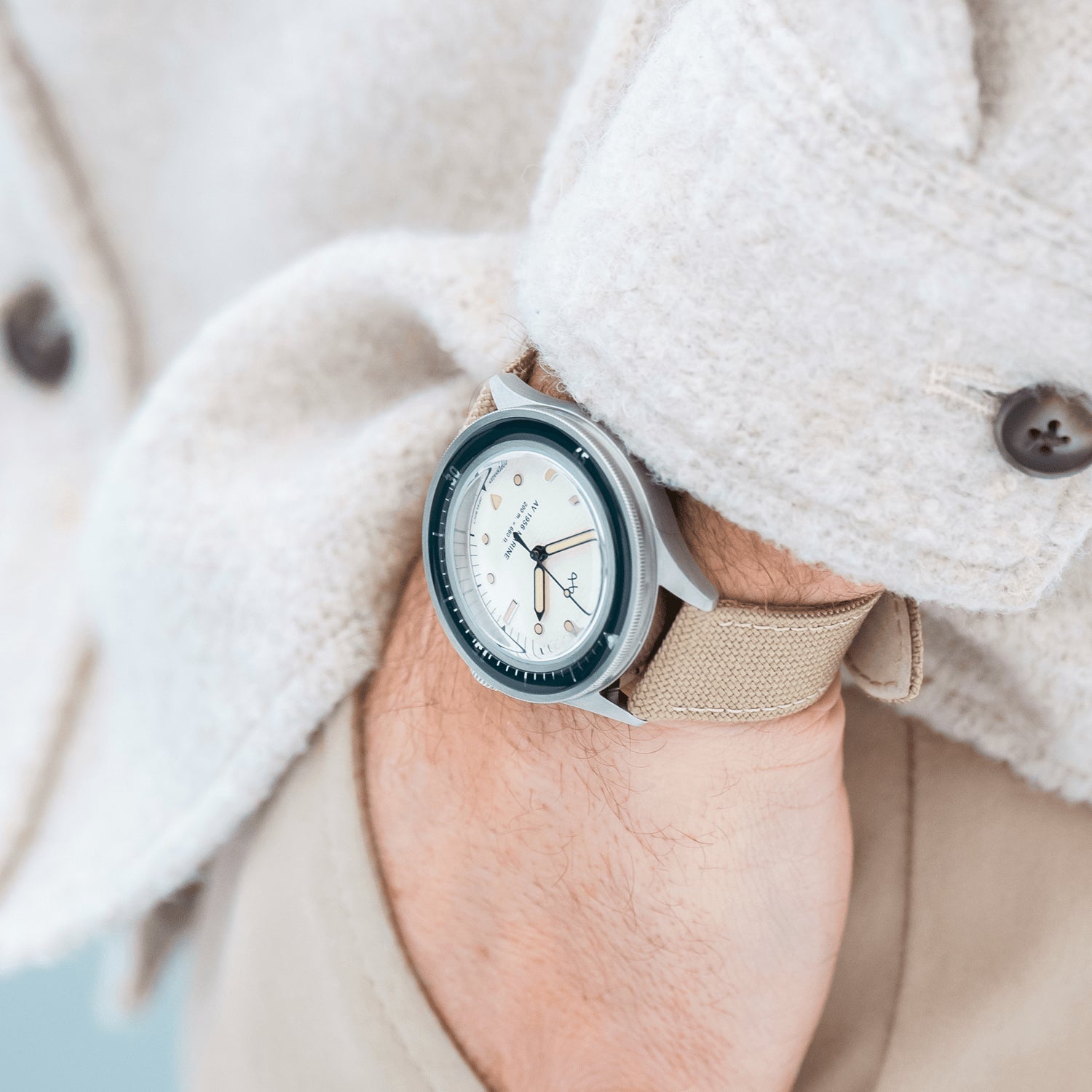 AV86 1956 Marine Navy & Off White on wrist