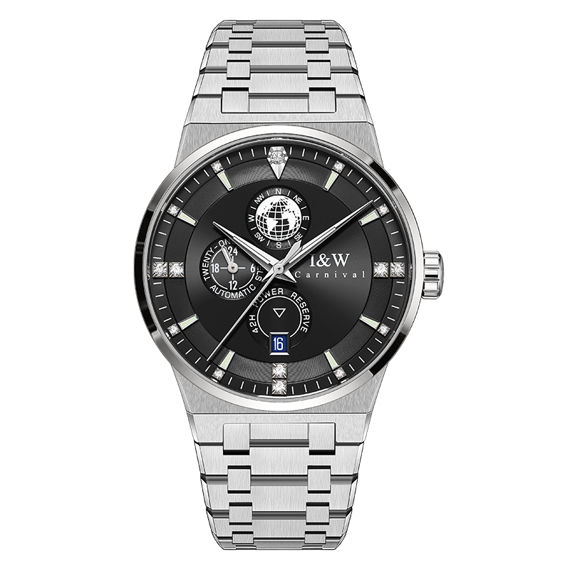 I&W Carnival IW.796G globe dial, black dial, steel bracelet