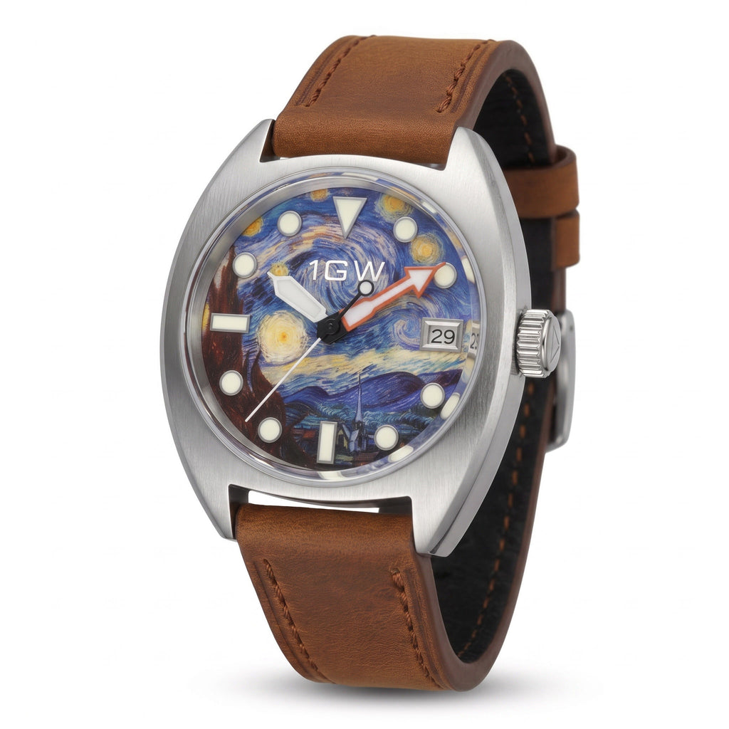 Starry Night art dial automatic watch with steel case, date window and cognac brown leather strap, three-quarter angle studio shot on white