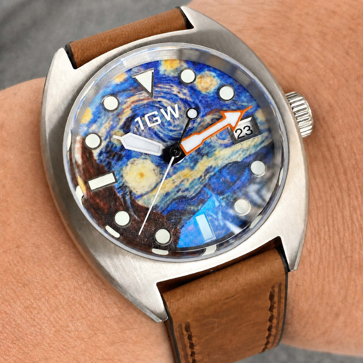 1GW Starry Night 36mm automatic watch featured image with bolder 1GW dial logo and cognac brown leather strap