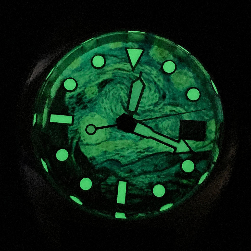 1GW Starry Night 36mm automatic watch full-dial green lume detail