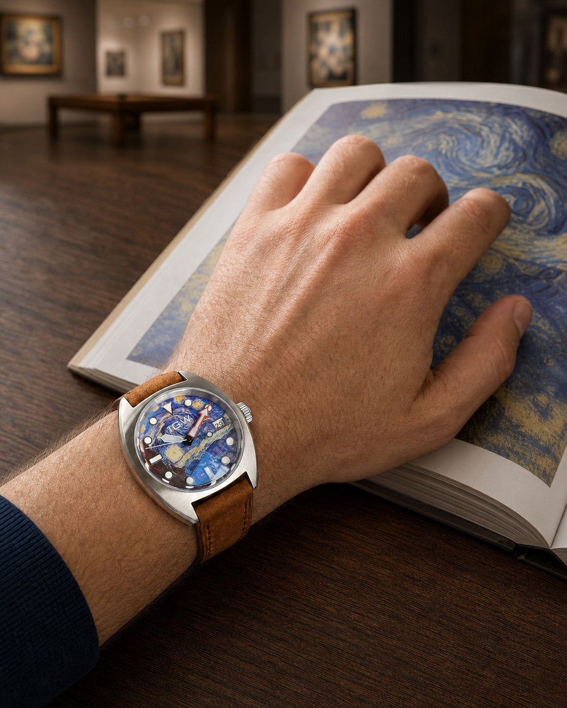 1GW Starry Night 36mm automatic watch worn while viewing a Starry Night art book in a gallery