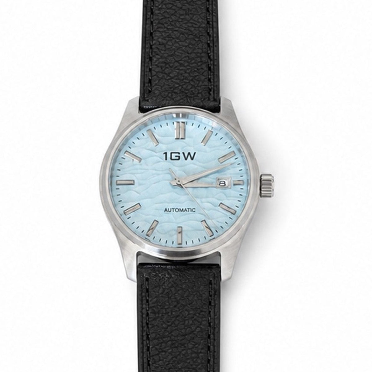 1GW Baby Blue Textured Automatic 39mm close dial view