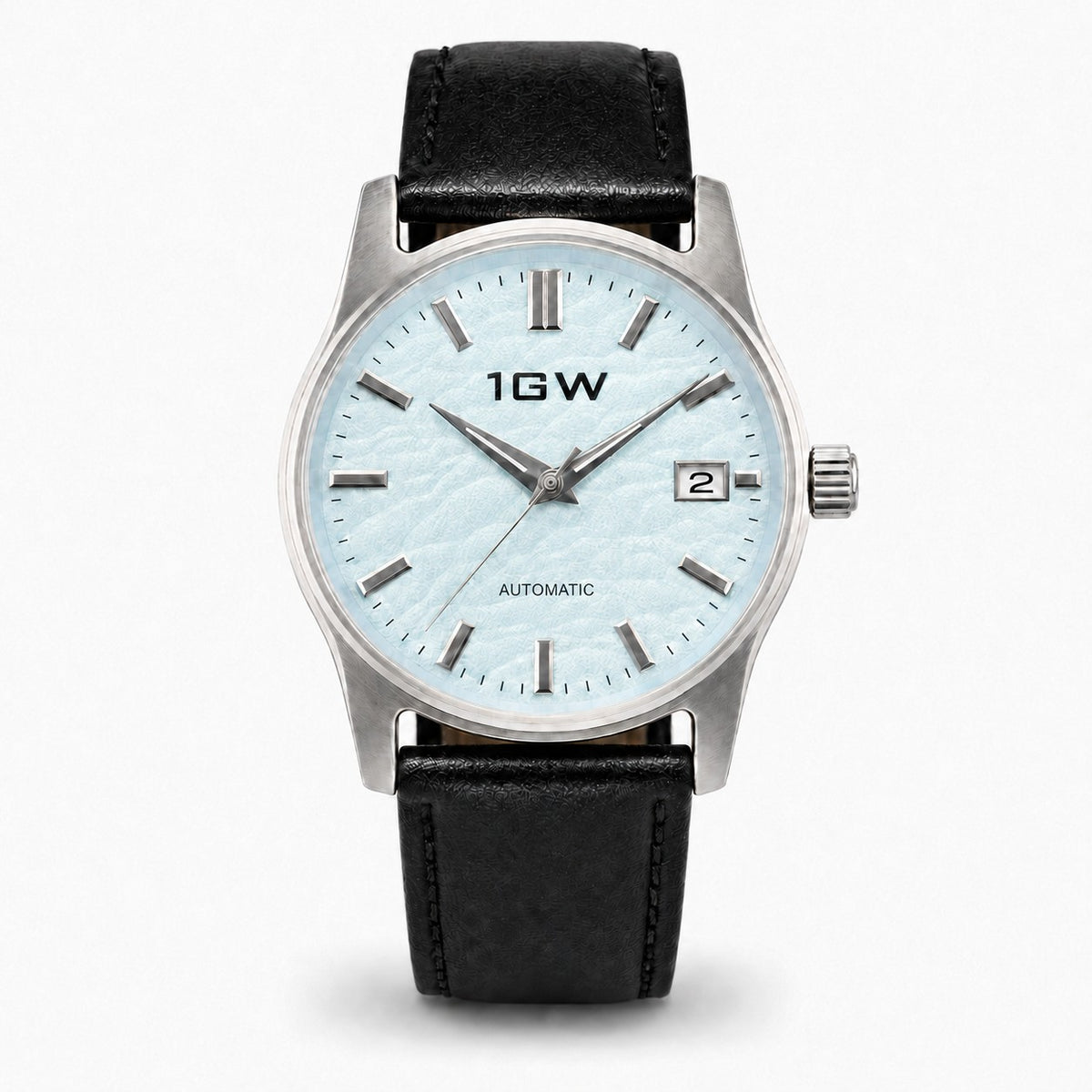 1GW Baby Blue Textured 39mm automatic watch, straight-on studio view of the ice-blue textured dial and black leather strap