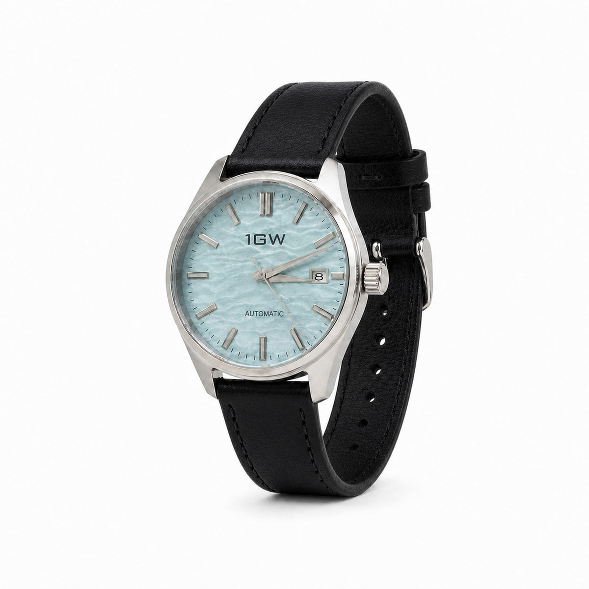 1GW Frost Baby Blue automatic watch, three-quarter studio angle with compact black leather strap