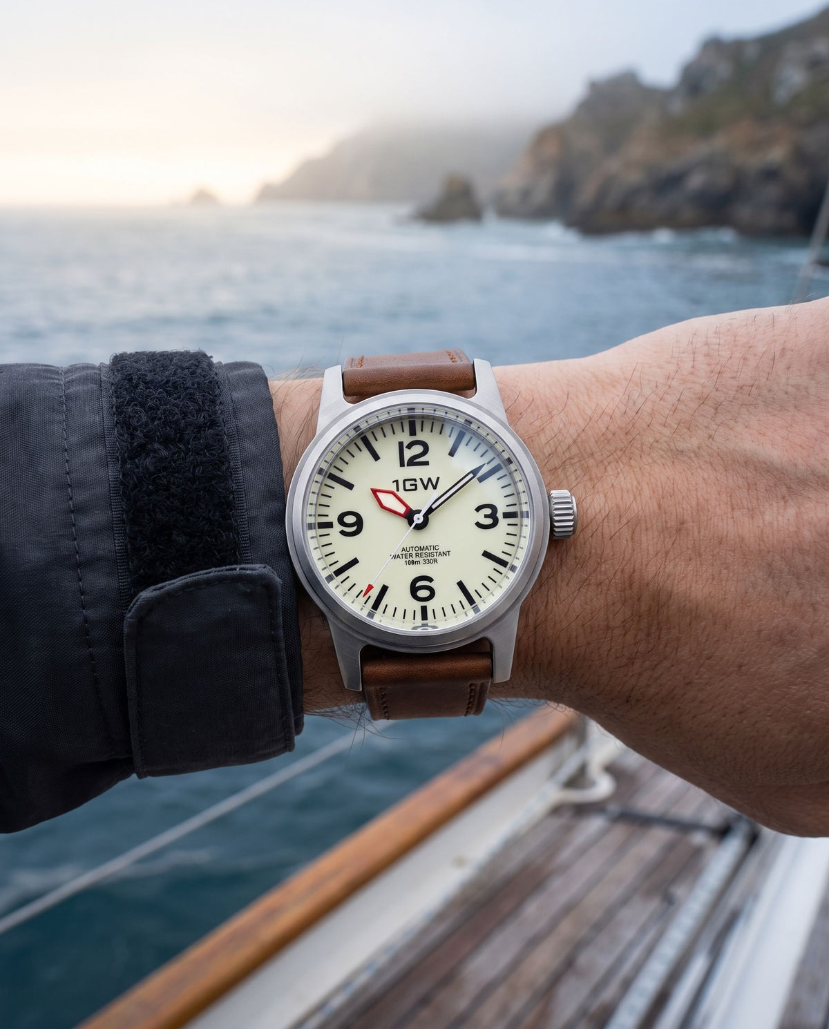1GW Cream Field 36mm worn on the wrist at the coast