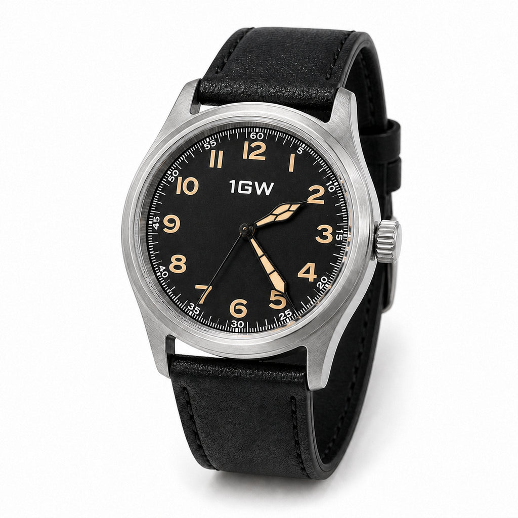 Black field automatic 36mm watch in three-quarter view on white