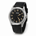 Black field automatic 36mm watch in three-quarter view on white