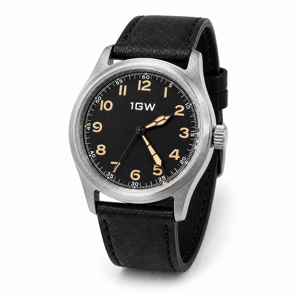 Black field automatic 36mm watch in three-quarter view on white