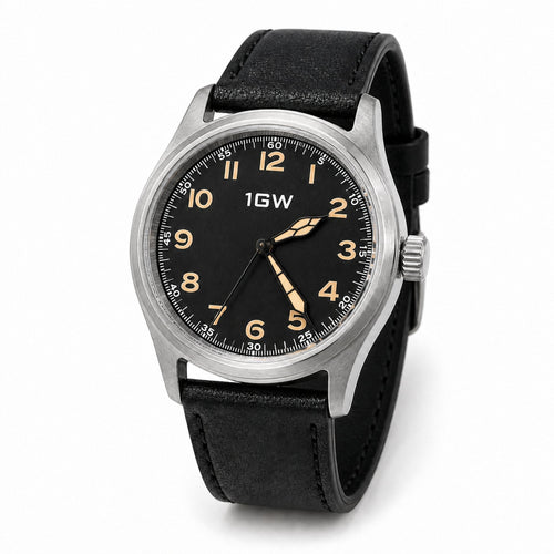 Black field automatic 36mm watch in three-quarter view on white