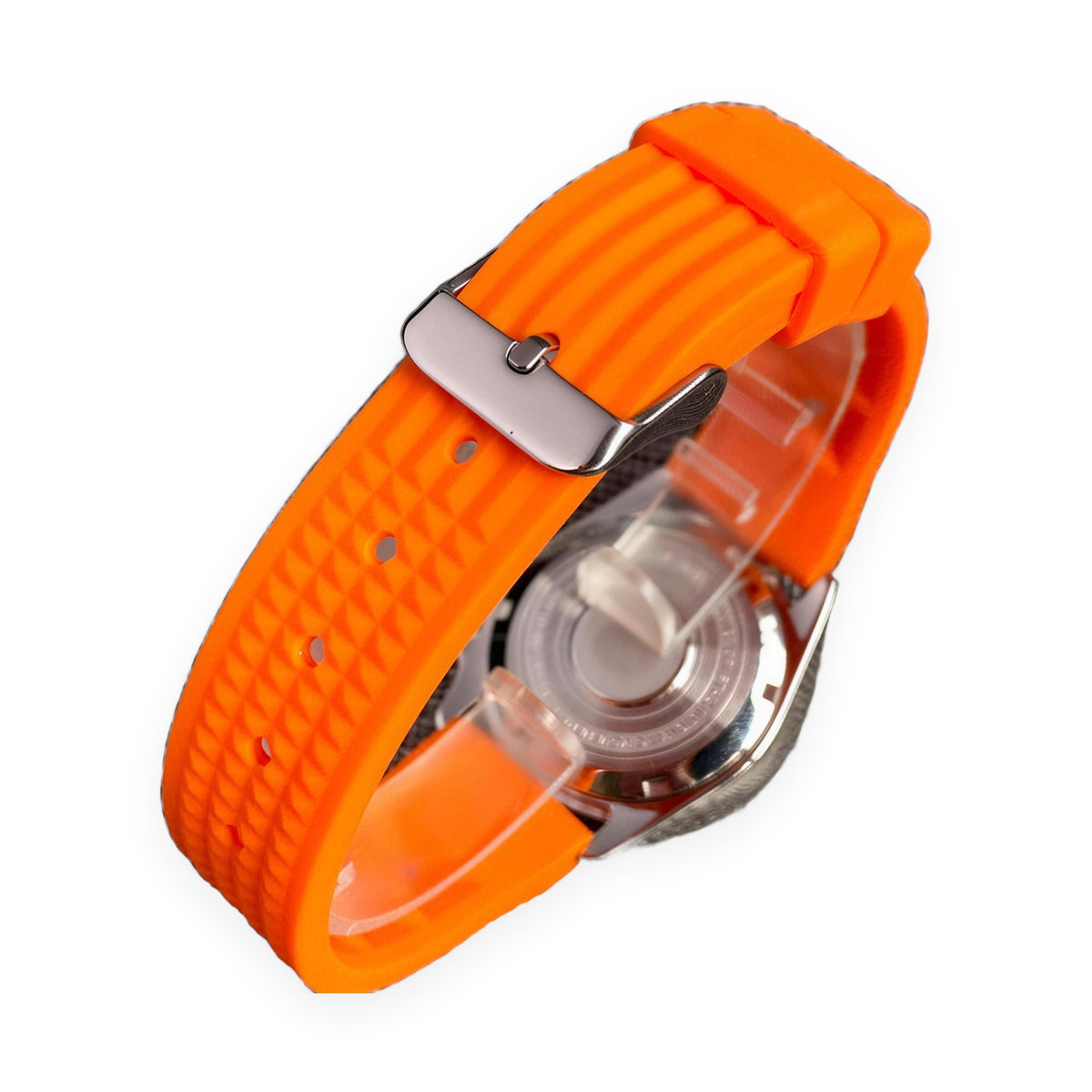 1GW Orange Diver Automatic 37mm caseback on white, orange rubber strap