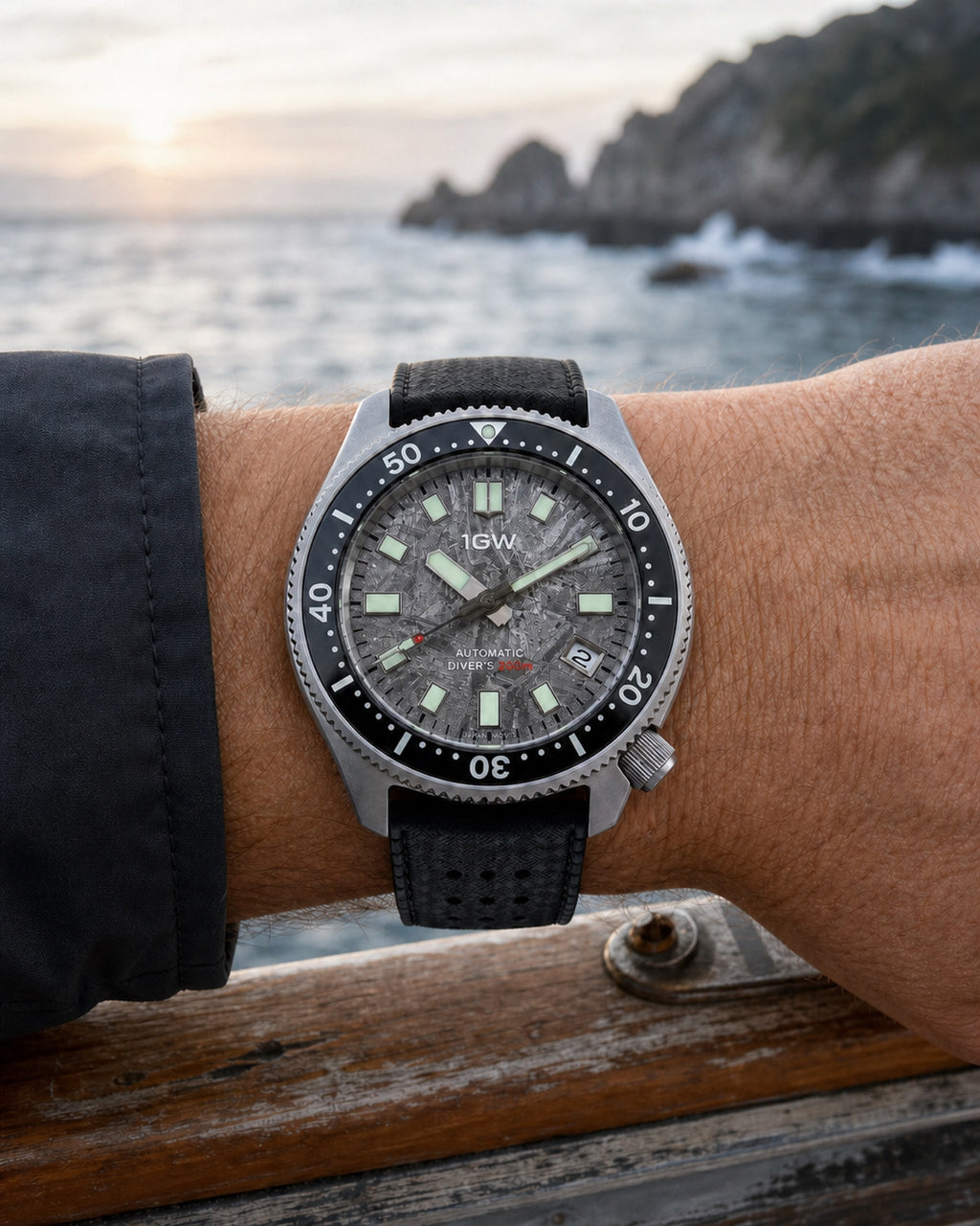Sharp 1GW Titanium Meteorite Turtle Automatic 44mm Coastal wear image with JAPAN MOV’T dial text