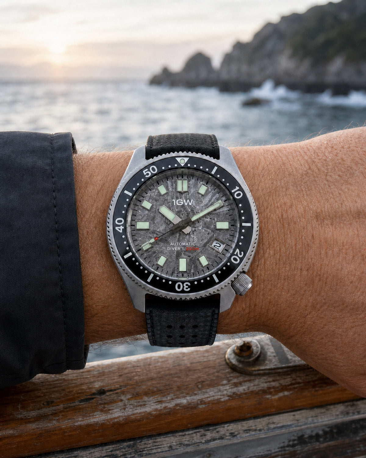 Sharp 1GW Titanium Meteorite Turtle Automatic 44mm Coastal wear image with JAPAN MOV’T dial text