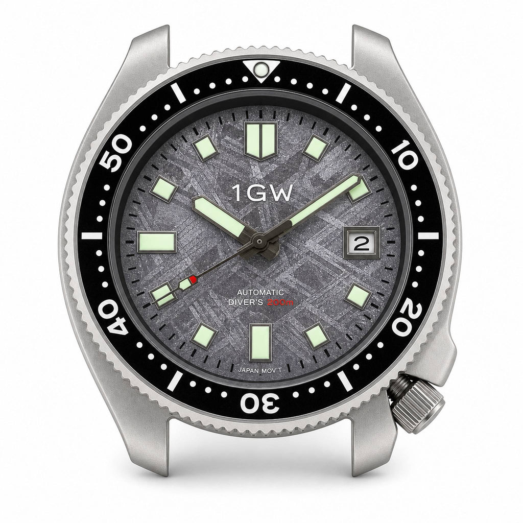 1GW Titanium Meteorite Turtle Automatic 44mm strap-free watch head, straight-on studio image