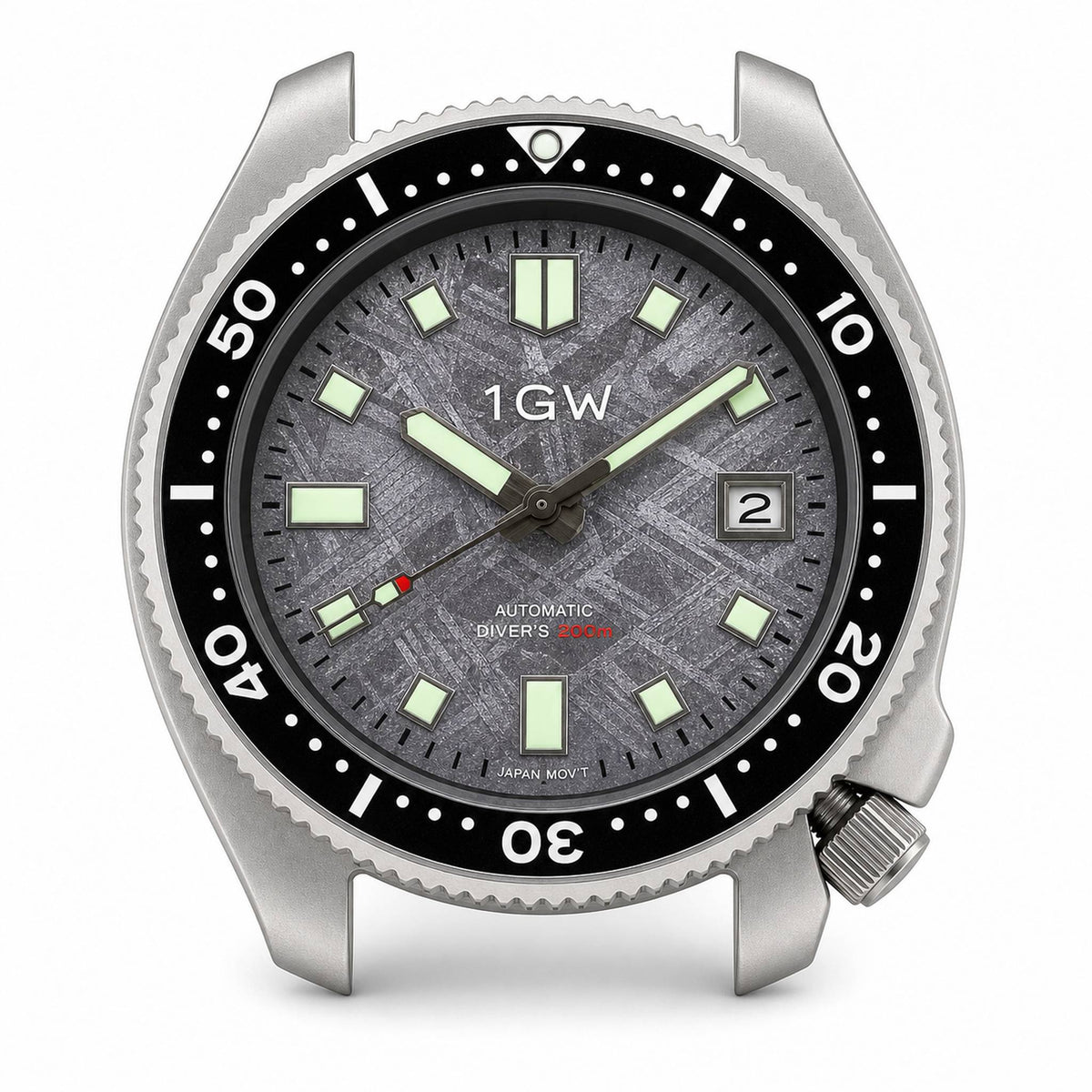 1GW Titanium Meteorite Turtle Automatic 44mm strap-free watch head, straight-on studio image