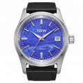1GW Purple Frost 36mm automatic watch, straight-on studio view of the frosted violet-blue textured dial and black leather strap