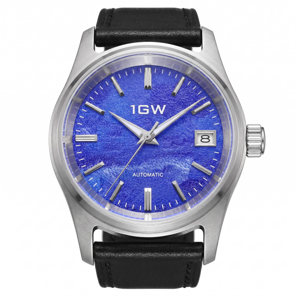 1GW Purple Frost 36mm automatic watch, straight-on studio view of the frosted violet-blue textured dial and black leather strap