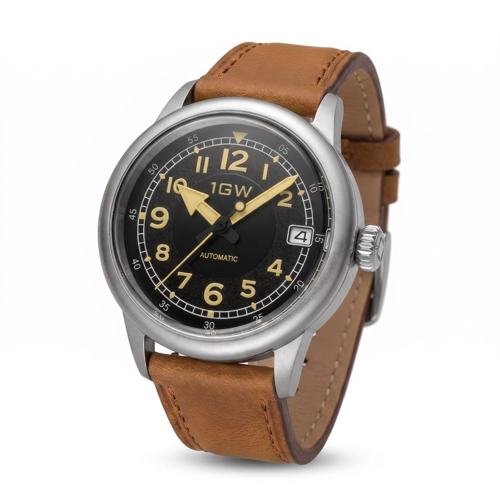 1GW Vintage Flieger automatic watch with black dial and brown leather strap, angled studio view
