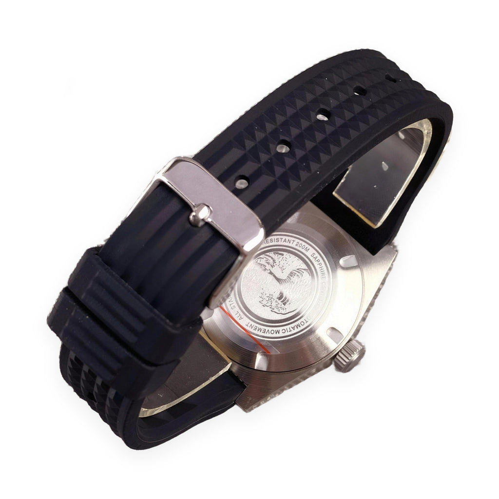 Back view of 1GW Green Professional Diver automatic watch with black rubber strap