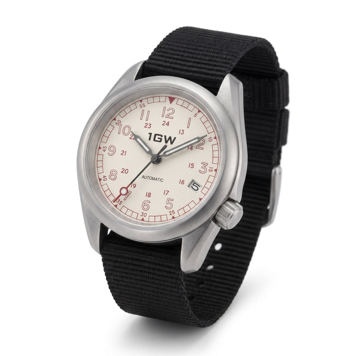 1GW White Field 24H automatic watch, three-quarter studio view on white with black nylon strap