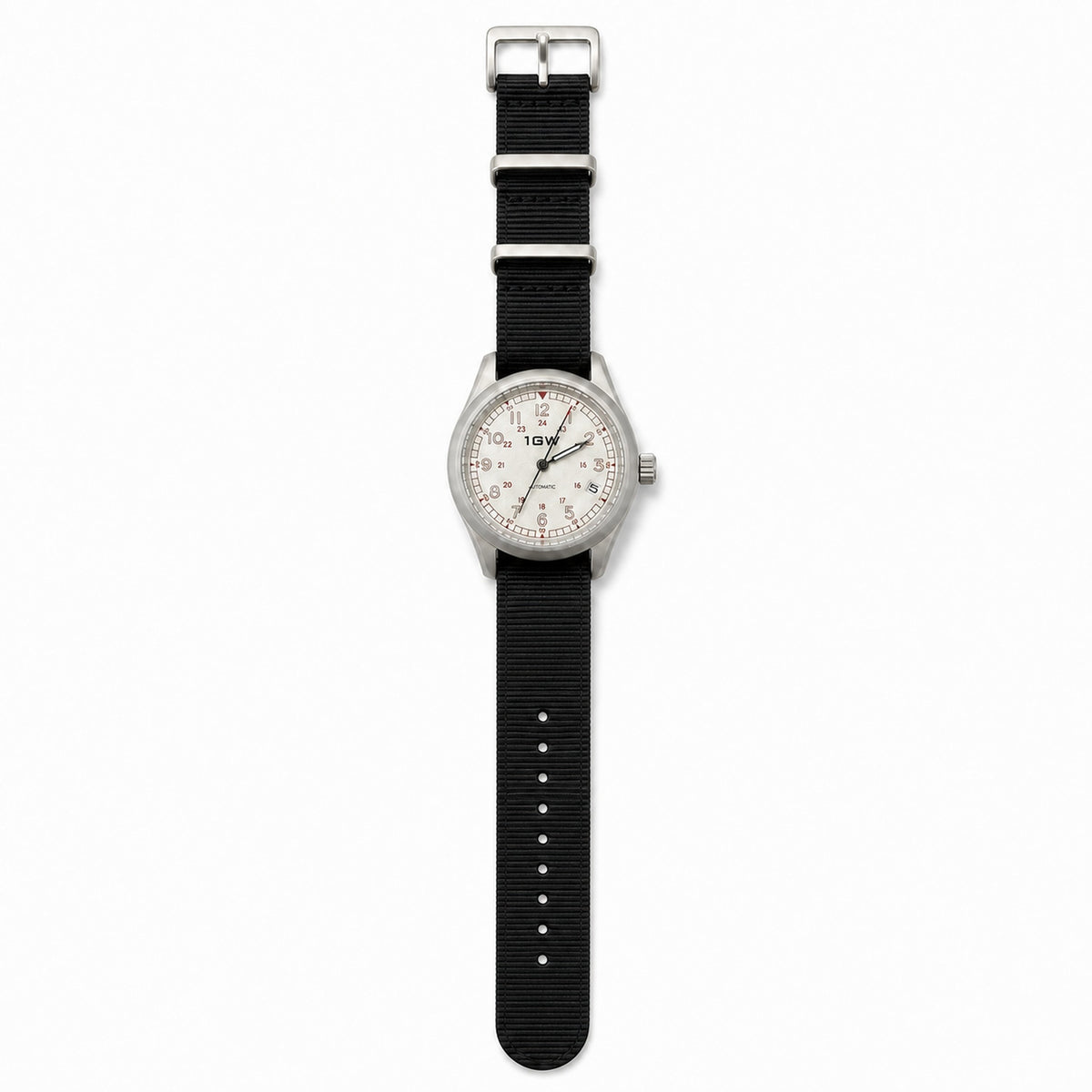 1GW White Field 24H automatic watch flat lay with standard-length black nylon NATO strap