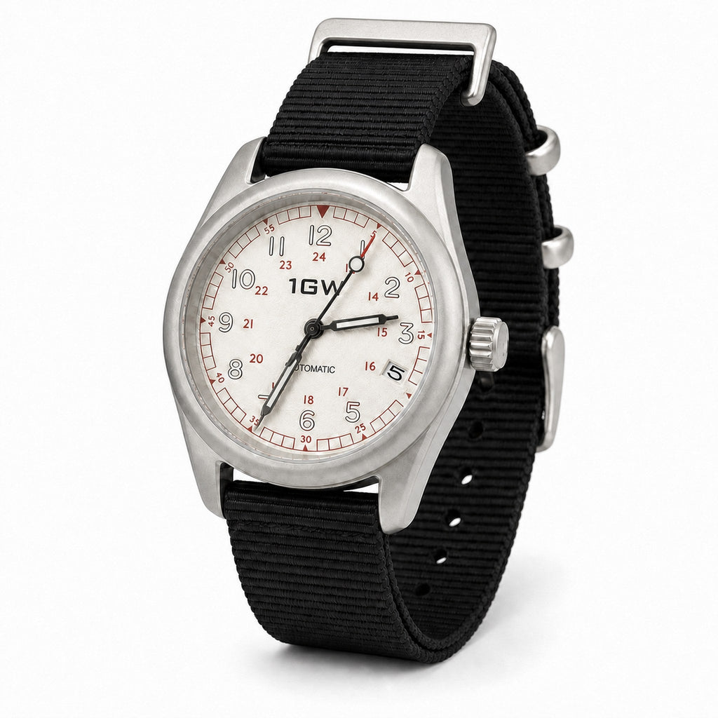 1GW White Field 24H automatic watch three-quarter studio view with black nylon NATO strap
