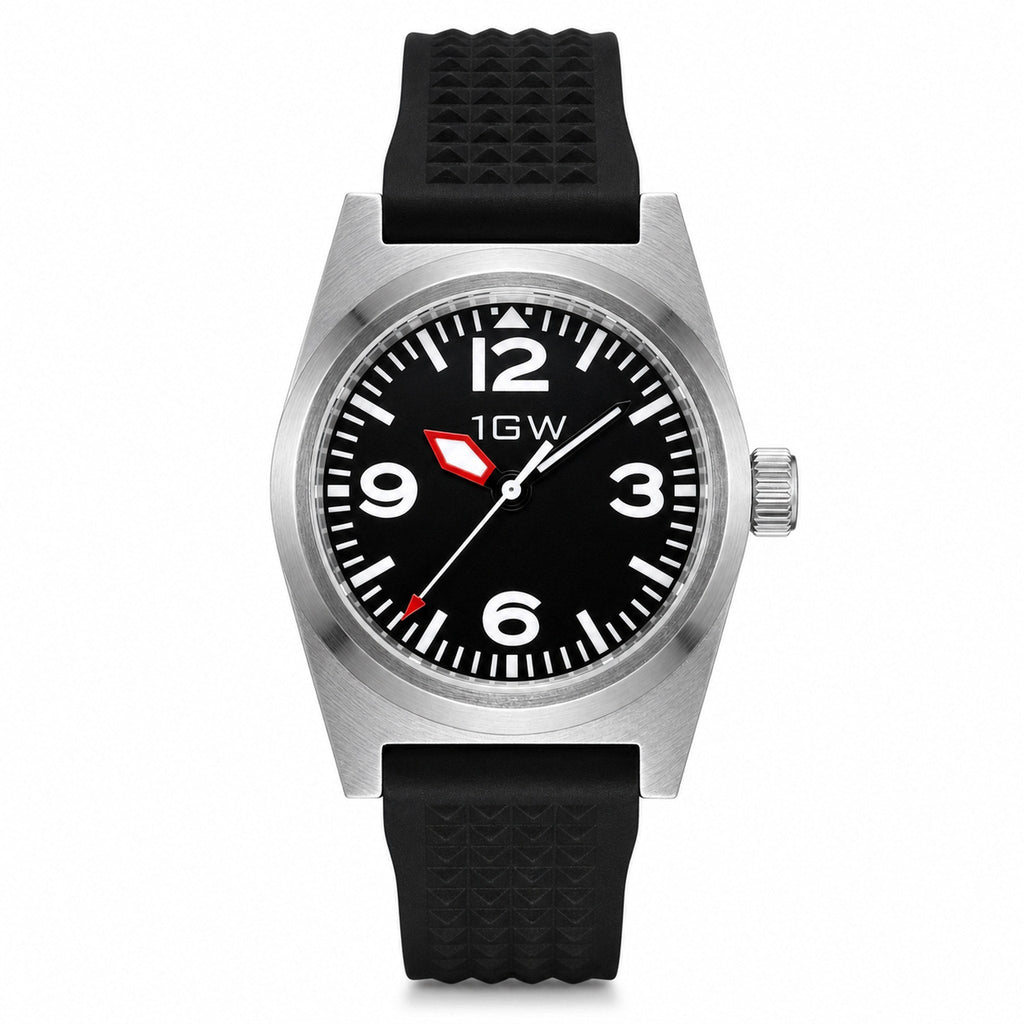 1GW Black Explorer PT5000 38mm watch, straight-on white-background hero, black dial and ribbed rubber strap