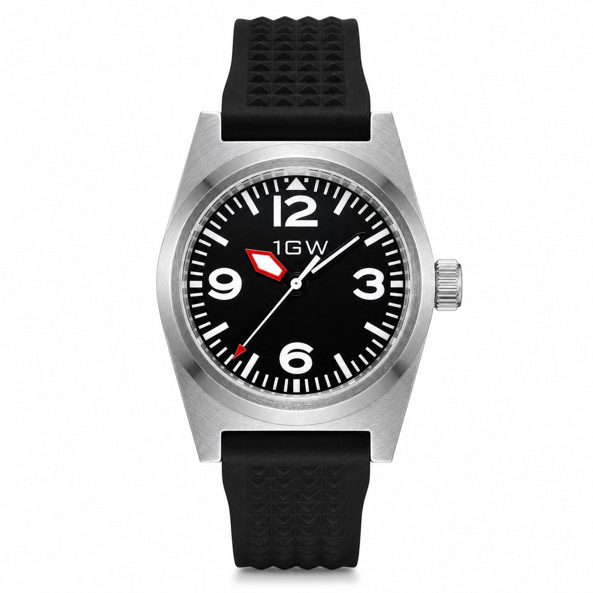 1GW Black Explorer PT5000 38mm watch, straight-on white-background hero, black dial and ribbed rubber strap