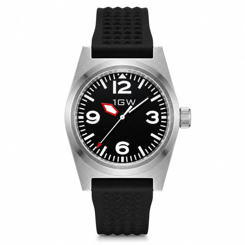 1GW Black Explorer PT5000 38mm watch, straight-on white-background hero, black dial and ribbed rubber strap