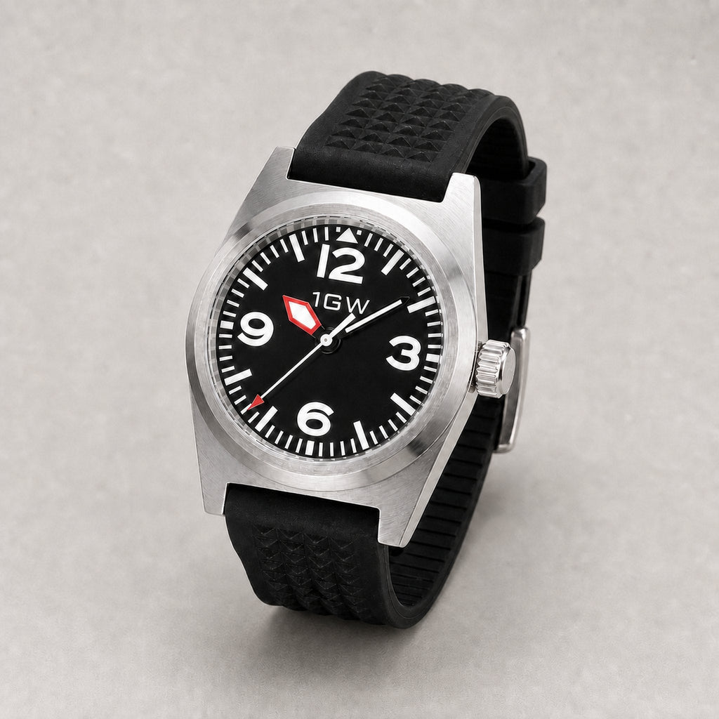 1GW Black Explorer PT5000 38mm watch, three-quarter studio view, black dial and ribbed rubber strap
