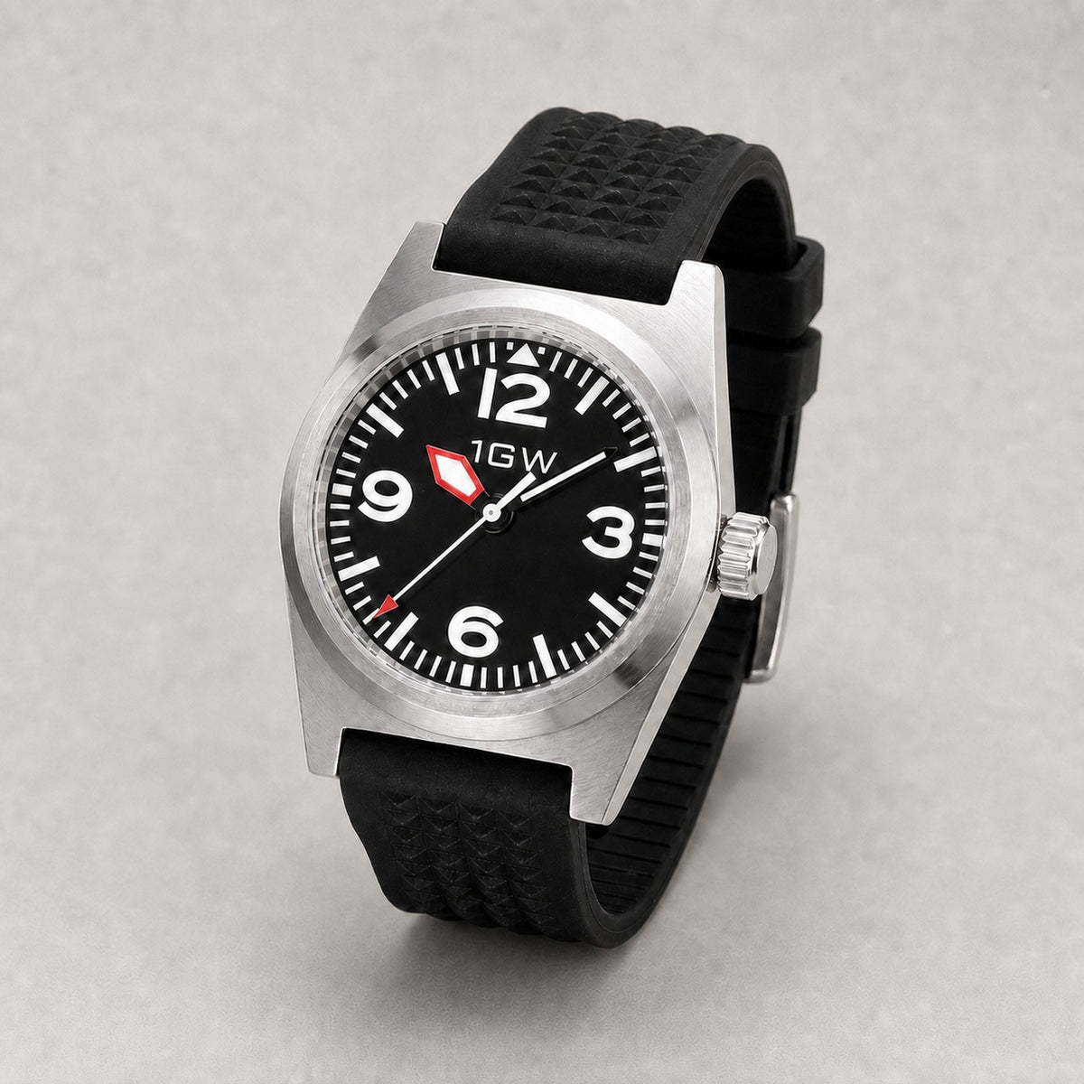 1GW Black Explorer PT5000 38mm watch, three-quarter studio view, black dial and ribbed rubber strap