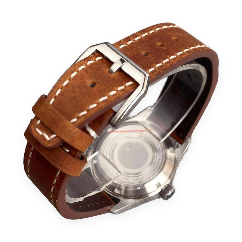 1GW Starry Night Automatic 36mm caseback on white, brown leather strap with contrast stitch and steel buckle