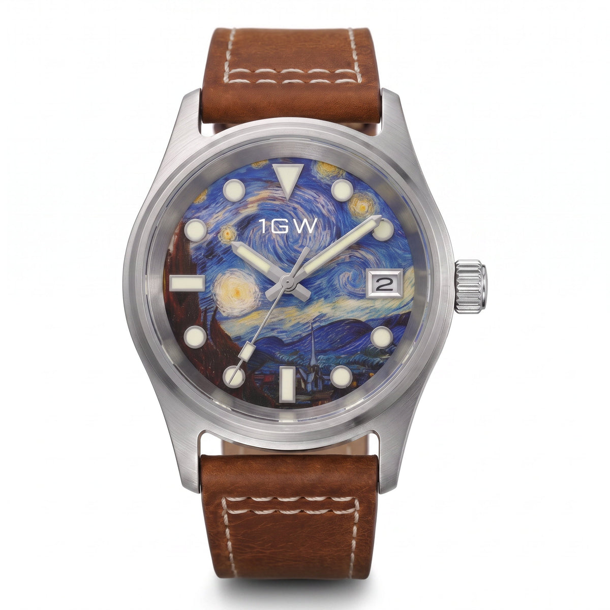 1GW Starry Night 36mm automatic watch, straight-on studio view on white with brown leather strap
