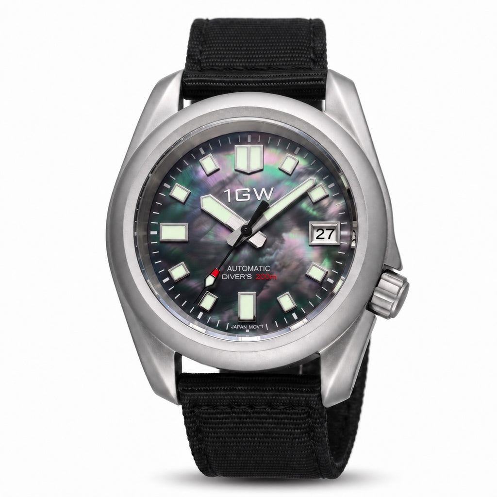 1GW Abalone Diver 200m automatic watch, straight-on studio view on white with black nylon strap