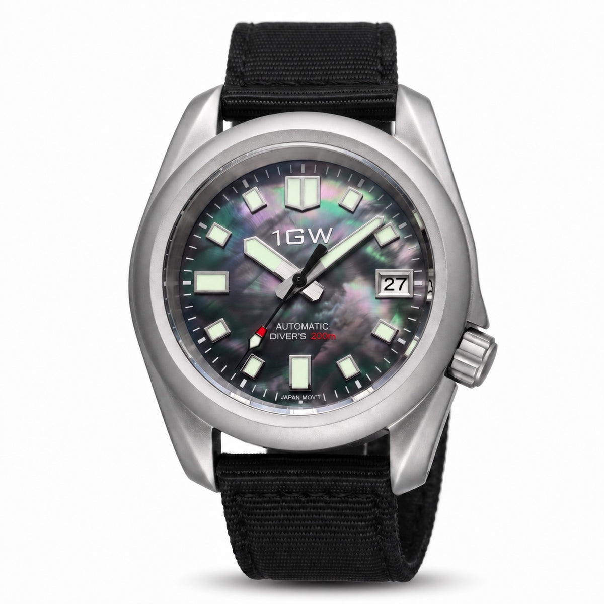 1GW Abalone Diver 200m automatic watch, straight-on studio view on white with black nylon strap