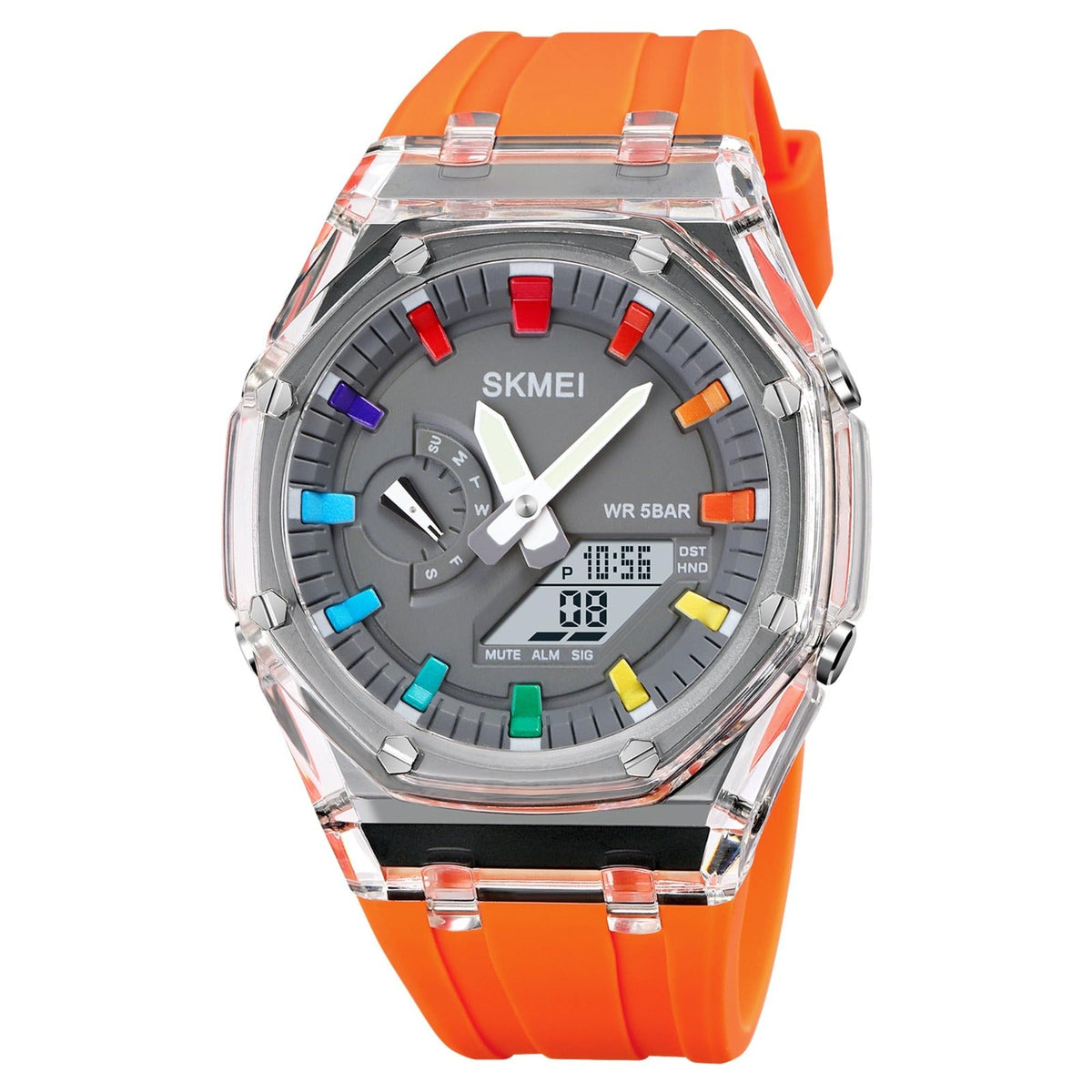 SKMEI 2100 ana-digi watch, orange strap, front