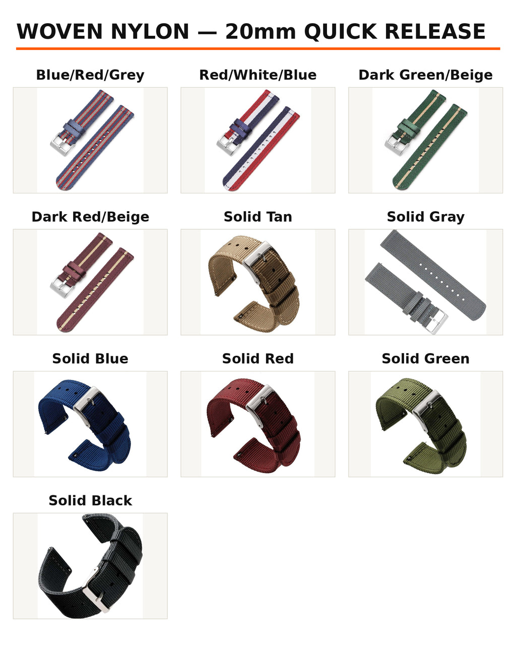 Woven nylon strap colors: ten colorways, 20mm quick release