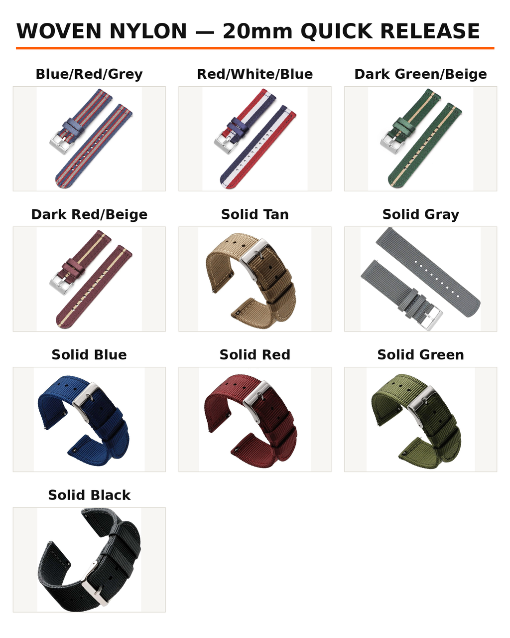 Woven nylon strap colors: ten colorways, 20mm quick release