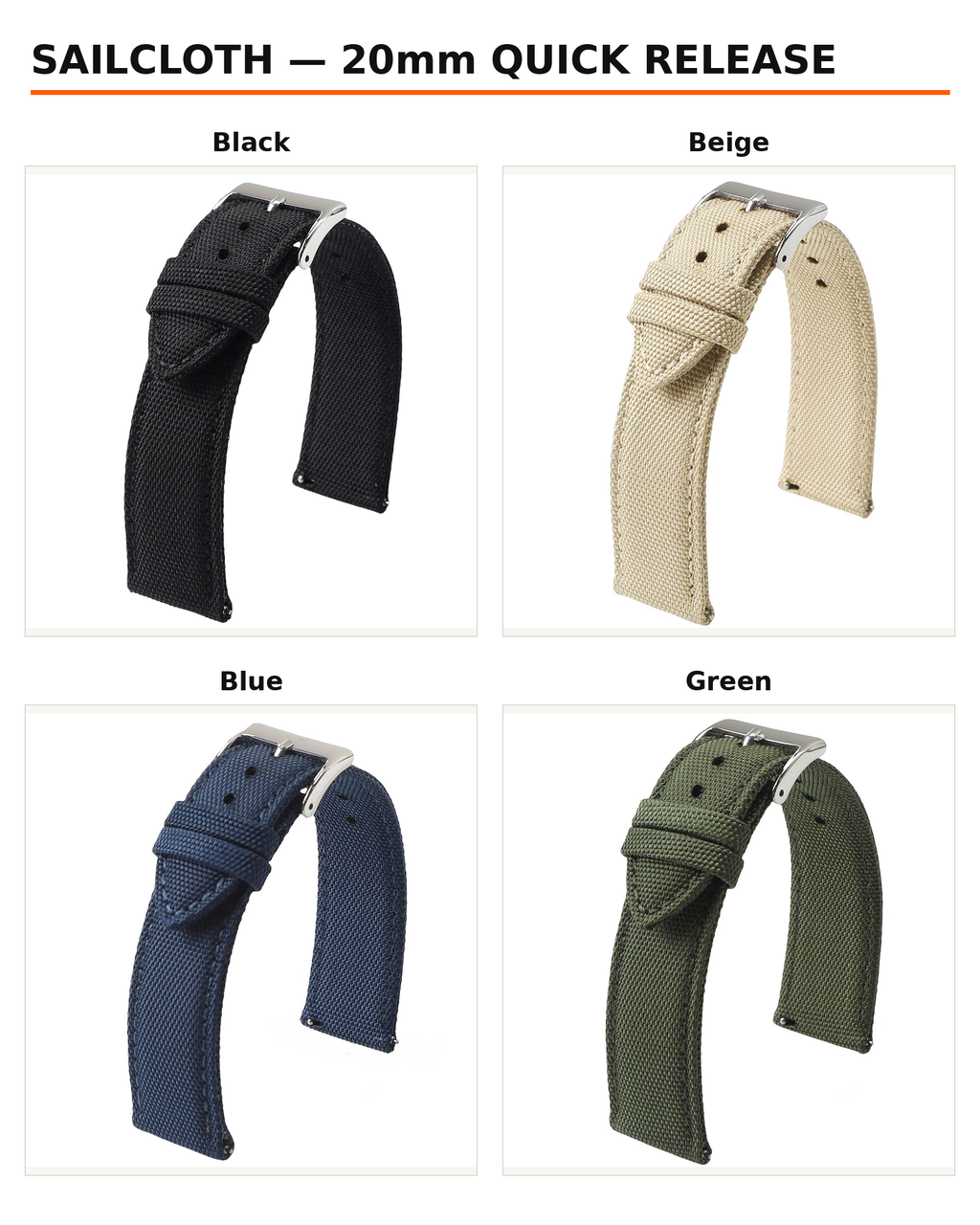 Sailcloth strap colors: Black, Beige, Blue, Green, 20mm quick release