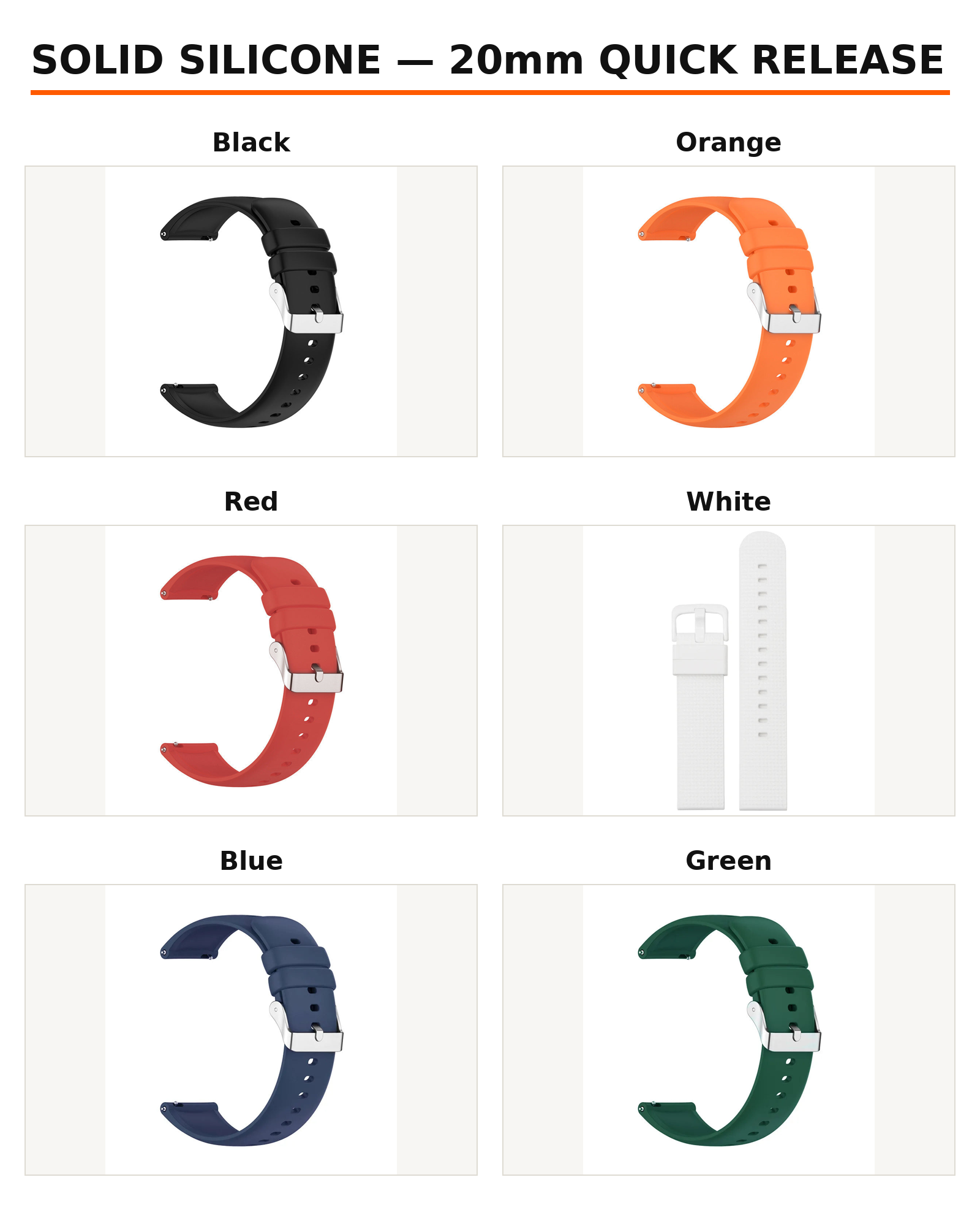 Solid silicone strap colors: Black, Orange, Red, White, Blue, Green, 20mm quick release