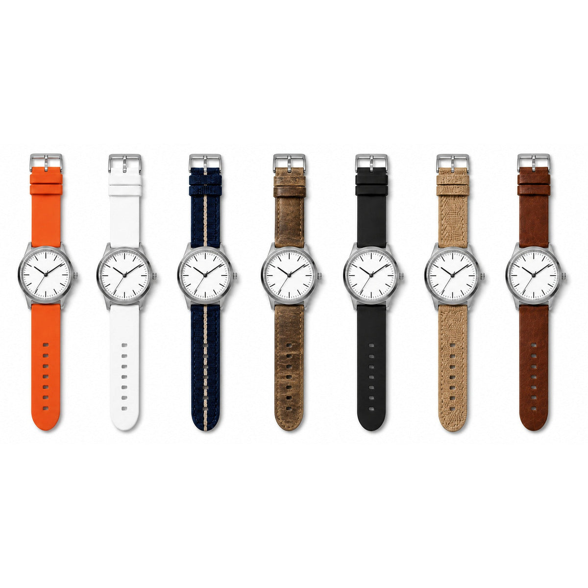 Seven white-dial watches side by side on seven different 20mm quick-release straps