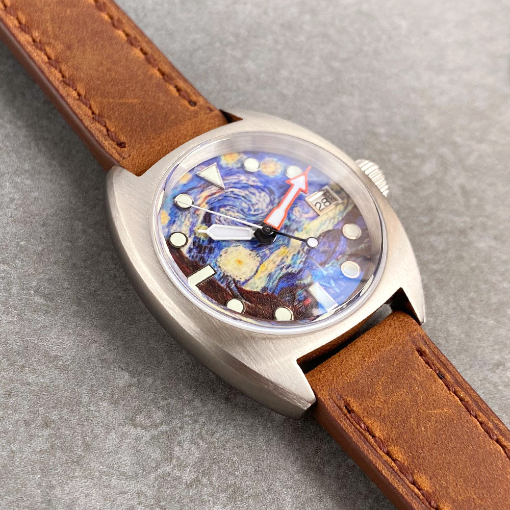 1GW Starry Night 36mm, brown leather strap, full watch and strap layout