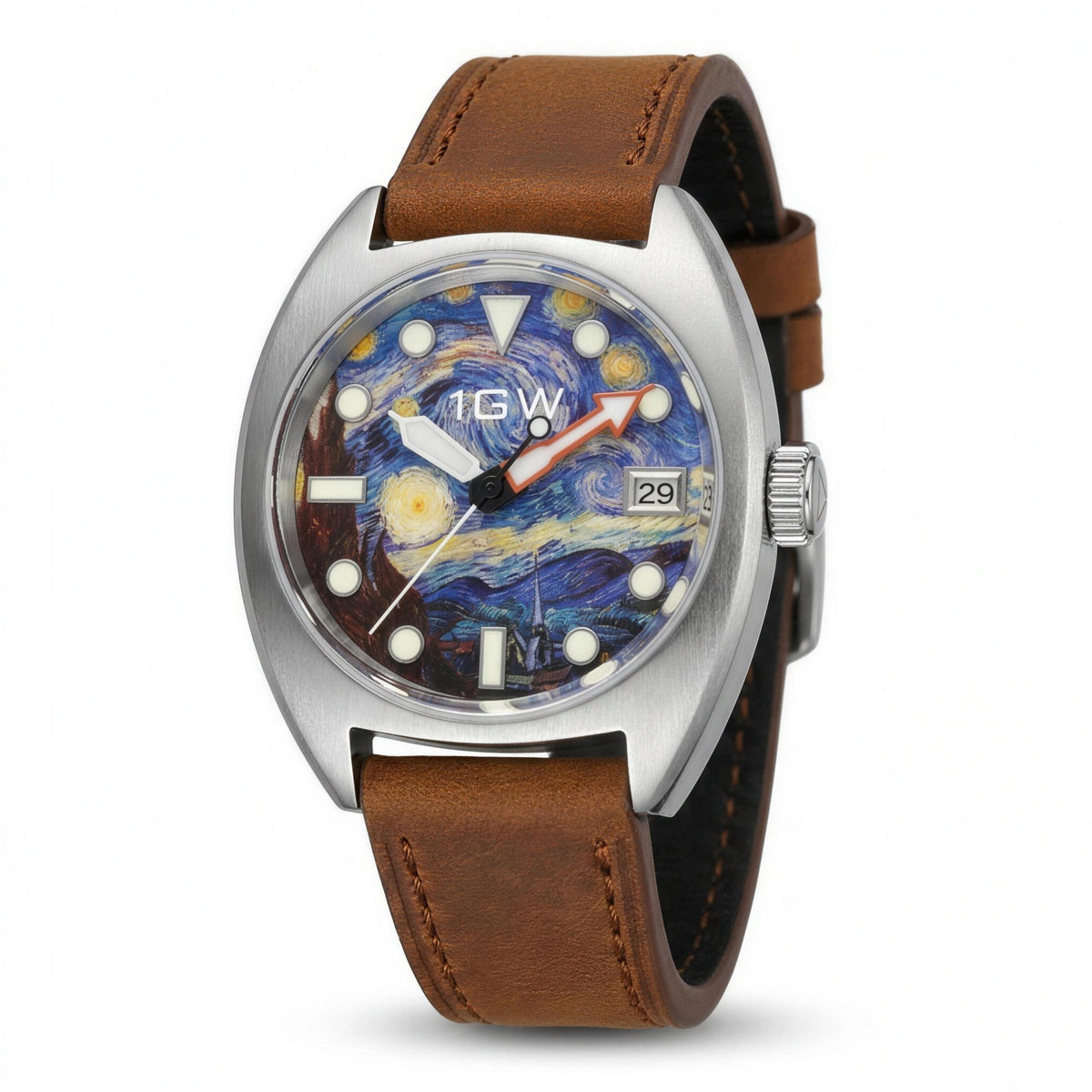 1GW Starry Night automatic watch, Van Gogh art dial, brown leather strap