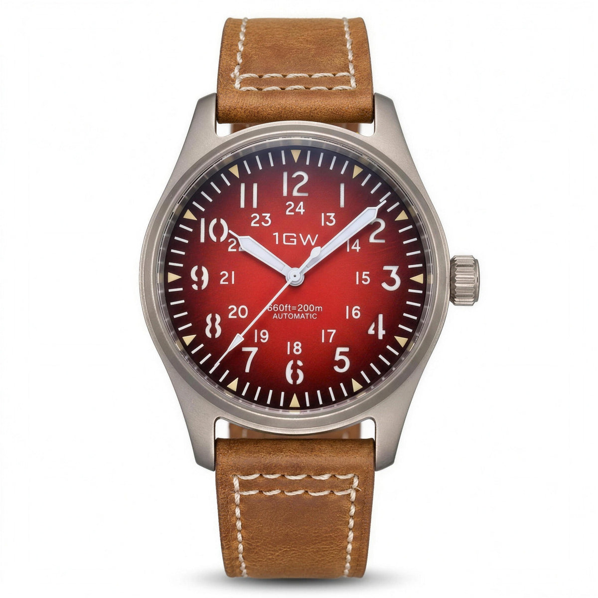 1GW Titanium Red GMT automatic watch, red gradient dial with 24-hour scale, tan leather strap