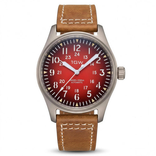 1GW Titanium Red GMT automatic watch, red gradient dial with 24-hour scale, tan leather strap