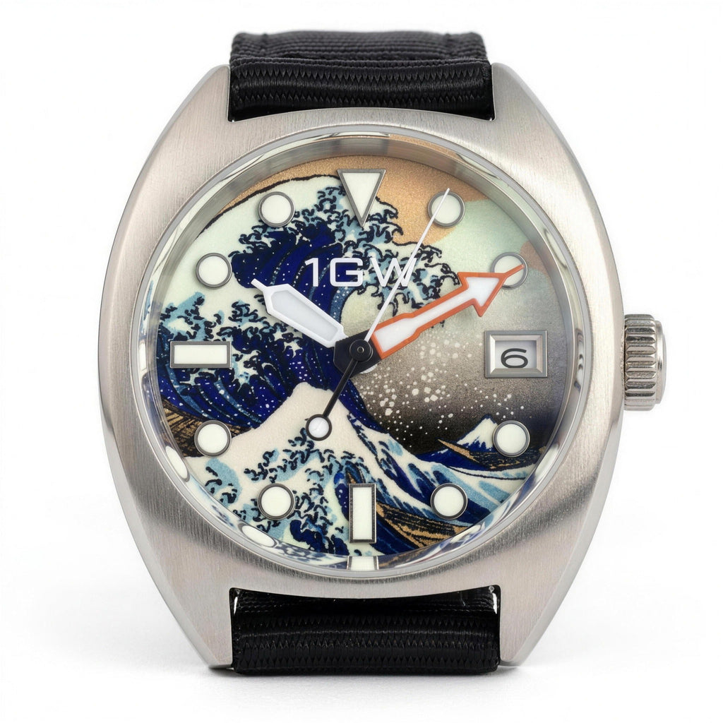 1GW Great Wave automatic watch, Hokusai art dial, black nylon strap