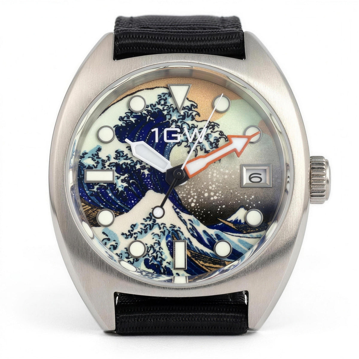 1GW Great Wave automatic watch, Hokusai art dial, black nylon strap