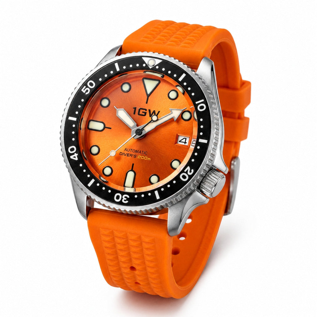 1GW Orange Diver automatic 37mm, enhanced three-quarter studio view on white