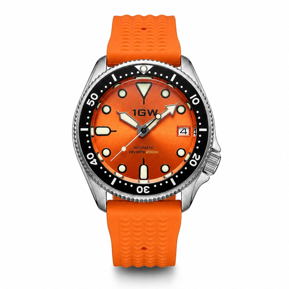 1GW Orange Diver automatic 37mm, enhanced front studio view on white