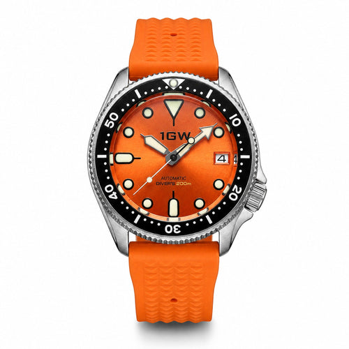 1GW Orange Diver automatic 37mm, enhanced front studio view on white